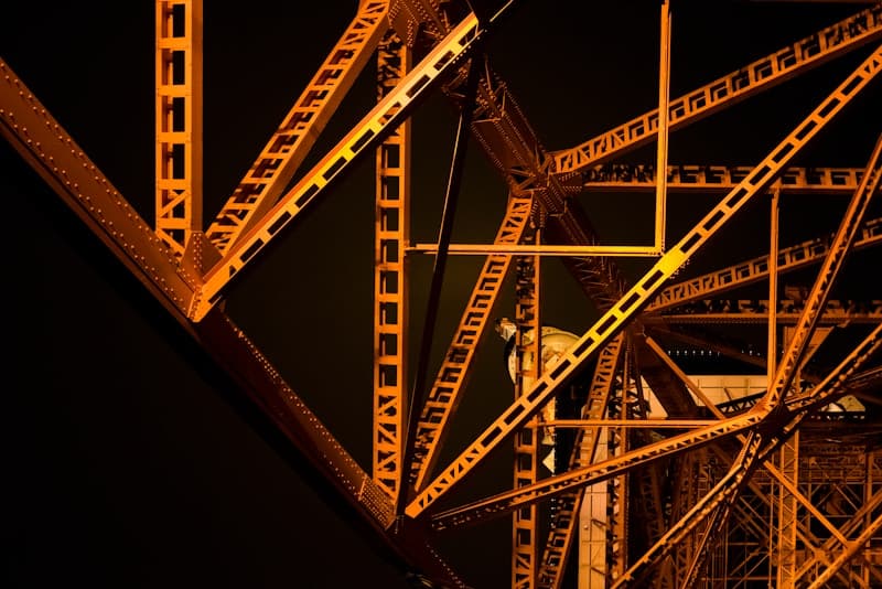 Illuminated steel girders at night